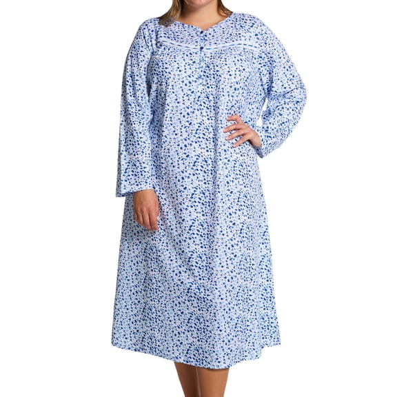Women's La Cera 1530X Plus Cotton Knit Long Sleeve Nightgown (Blue/White Floral 2X)
