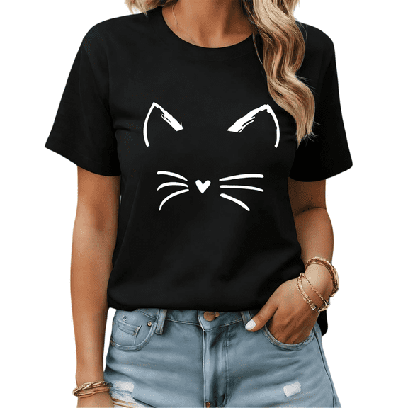 Cute Cat Face Whiskers Graphic Tees Womans Tshirt Shirts Black White S-5XL Tops