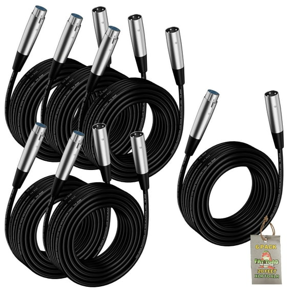 XLR Microphone Cables (6 Pack) by Fat Toad 20ft Pro Audio Mic Cord Patch Extension with Lo-Z Connector 24 AWG Shielded Wire & Balanced for Recording Studio Mixer, Speakers or Live Sound Stage Gear