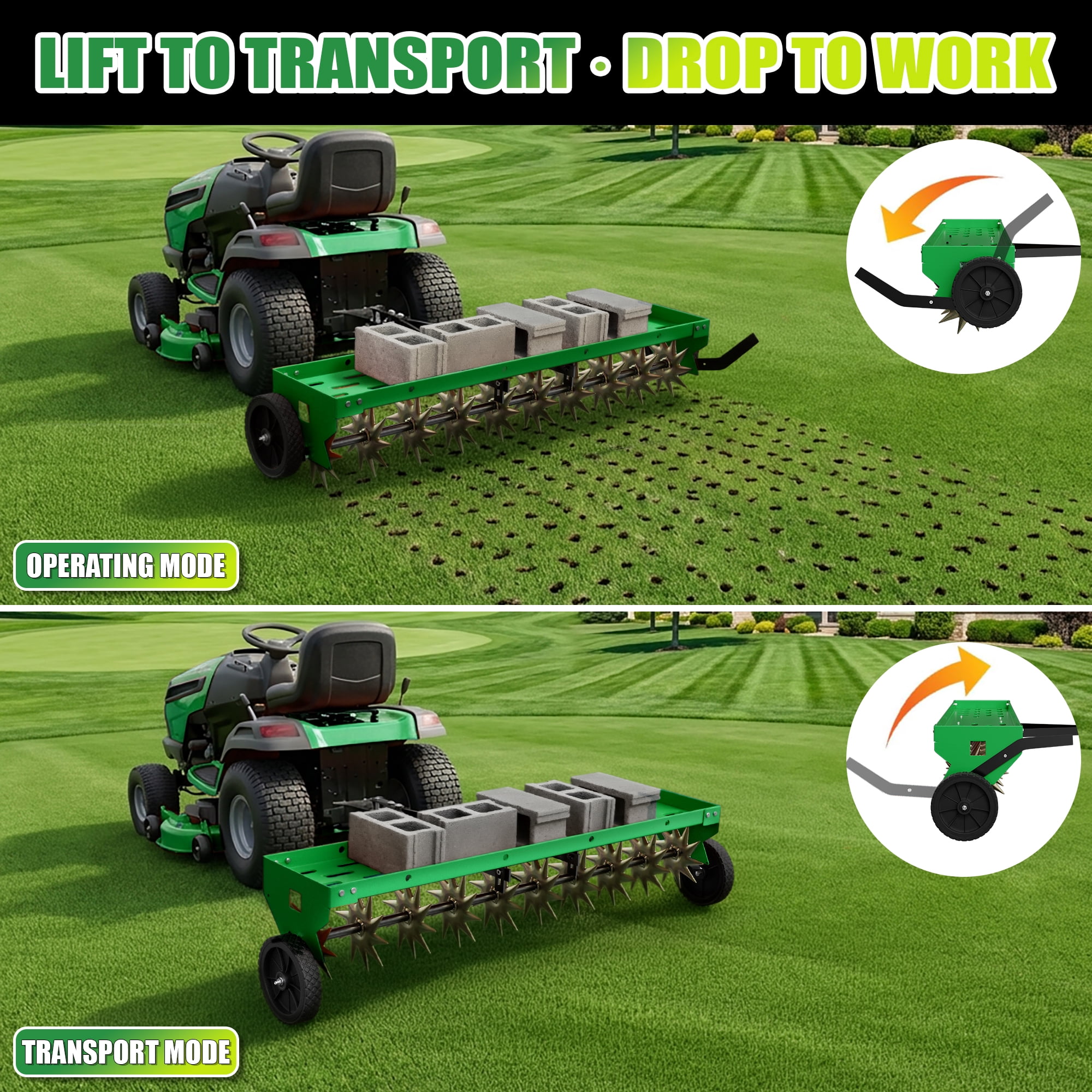 48" Tow-Behind Spike Aerator, Tractor Lawn Aerator with 12 Steel Spike Disks with Universal Hitch, Green Galvanized Steel for Garden, Farm & Yard,280lbs Capacity