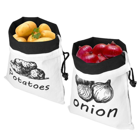 Keyohome 2Pcs Potato Drawstring Bag Canvas Onion Storage Bag Large Capacity Washable Garlic Keeper Vegetable and Fruit Storage with Side Zipper for Kitchen