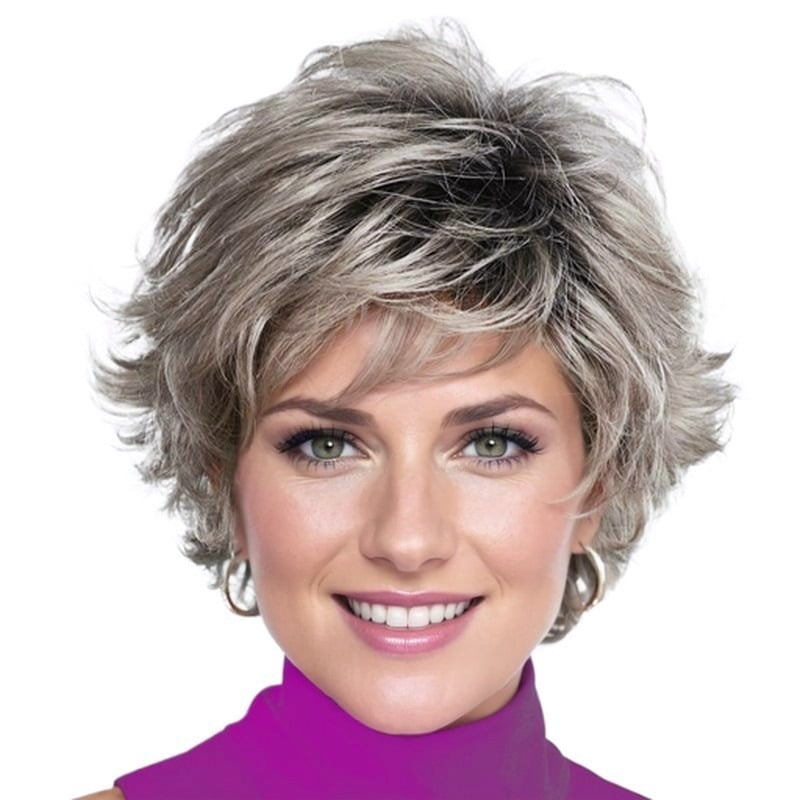Women's short hair wig with outward curls, mixed brown to gold gradient blonde, natural, suitable for daily life and parties