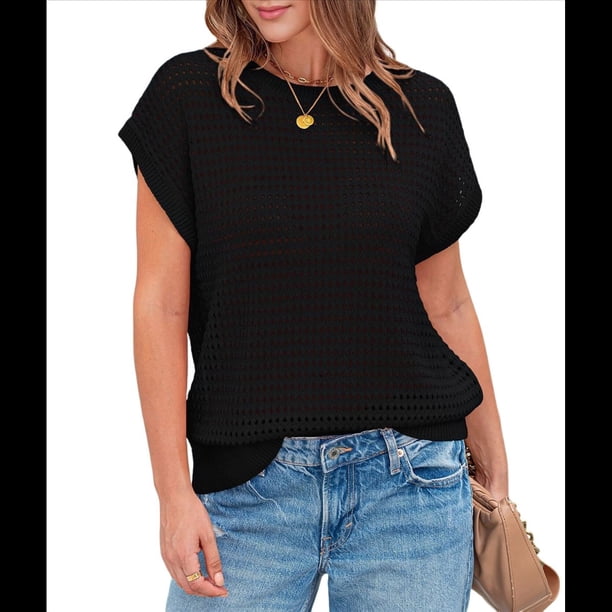 Top de Crochet con Cuello Redondo y Corta para Mujer, Color Negro, Talla M