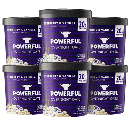 Powerful Overnight Oats Oatmeal Cup, High Protein, Whole Grain, Kosher, Natural Ingredients, 20g Protein, Blueberry and Vanilla, 6 Pack