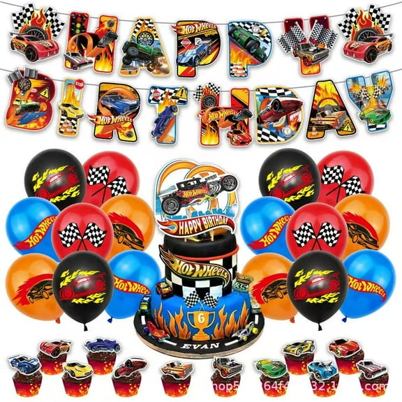 TG Hot Wheels Racing Car Theme Birthday Party Supplies Set,Include  Banner Cake Topper Balloon，for Kids Birthday Party Decoration