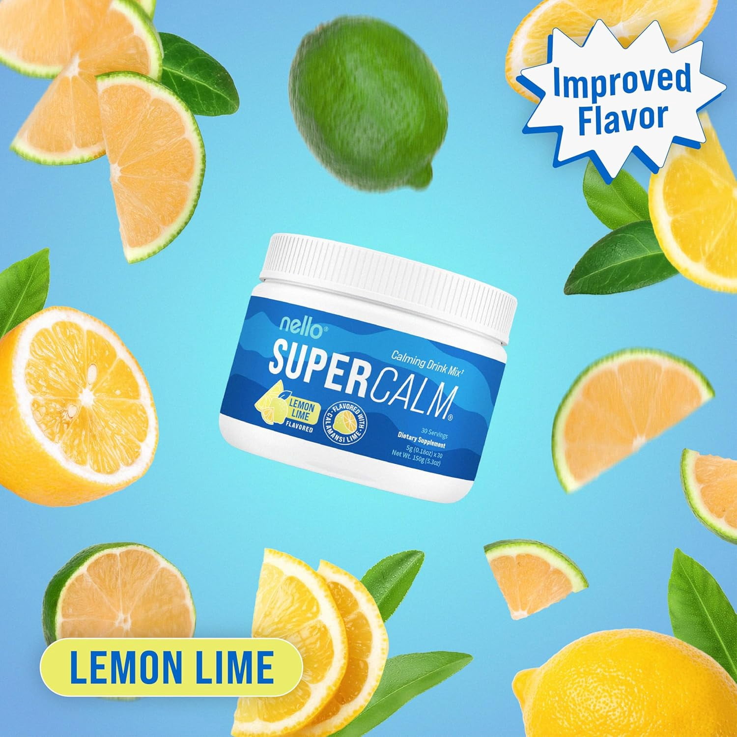 Nello Supercalm Drink Mix - Ashwagandha KSM 66, Magnesium Glycinate & L-Theanine Supplement - Ashwagandha Root Extract - Focus and Relaxation Support (30 Serving Tub) - Lemon Lime