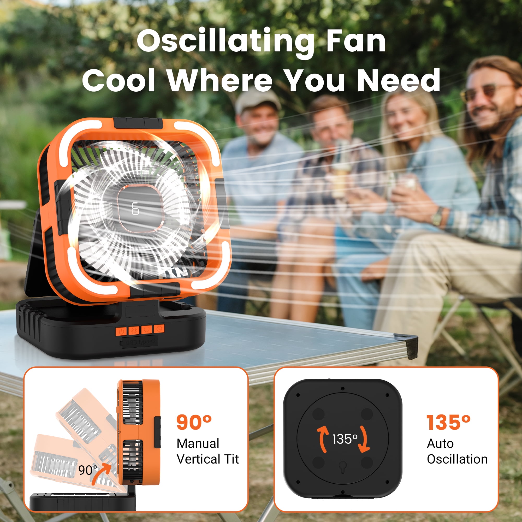 Solar Fan, 10000mAh Rechargeable Camping Fan Battery Portable Fans with LED Light, 6 Speeds Powerful Wind and 6H Timer Oscillating Tent Fan for Picnic, Fishing