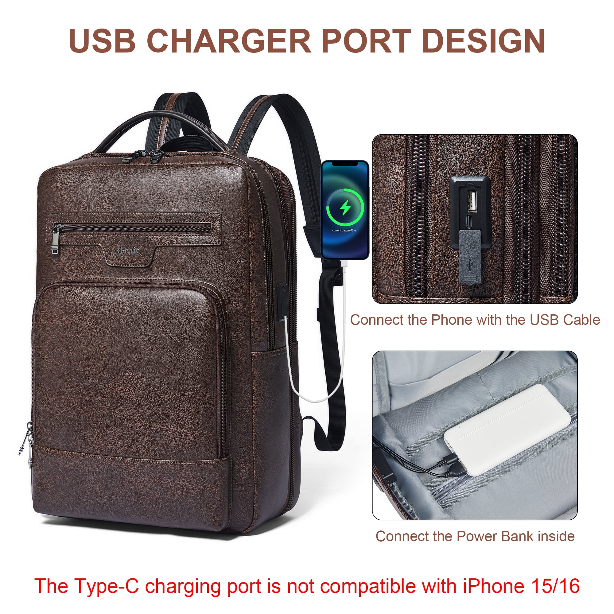 Shrrie Leather Laptop Backpack for Women and Men,28 L Travel Backpack Computer Bag Fits 16 inch Laptop,Expandable Casual Daypack with USB Charging Port for Work Business Weekender College