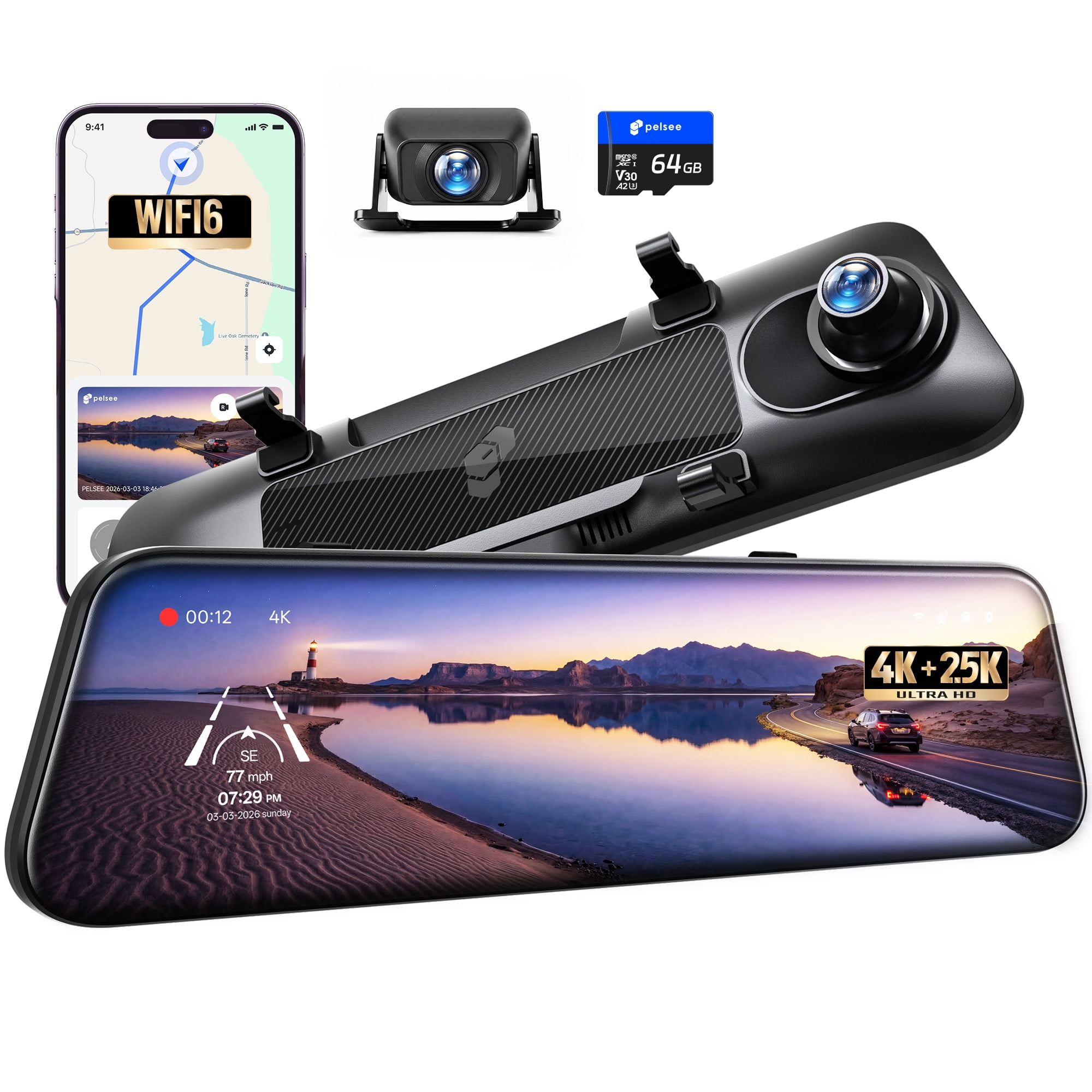 Pelsee S12 Telephoto Version Native 4K + 2.5K Mirror Dash Cam, Rear View Mirror Camera w/ 8MP Sensor, Color Night Vision, WiFi 6 30MB/s Download, GPS, 64GB Card, Backup Camera for SUVs Trucks Vans RV