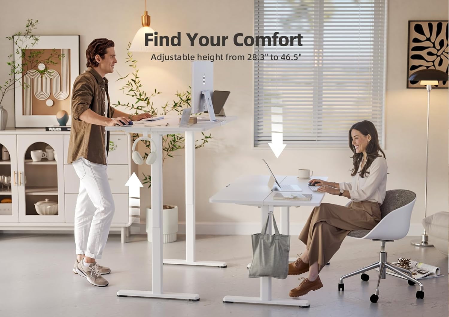 Electric height-adjustable standing desk, suitable for home and office use, white.
