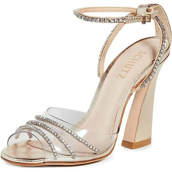 Schutz Rowenah Platina Clear Straps Crystals Ankle Strap Open Toe Heel Sandals (Platina, 6)