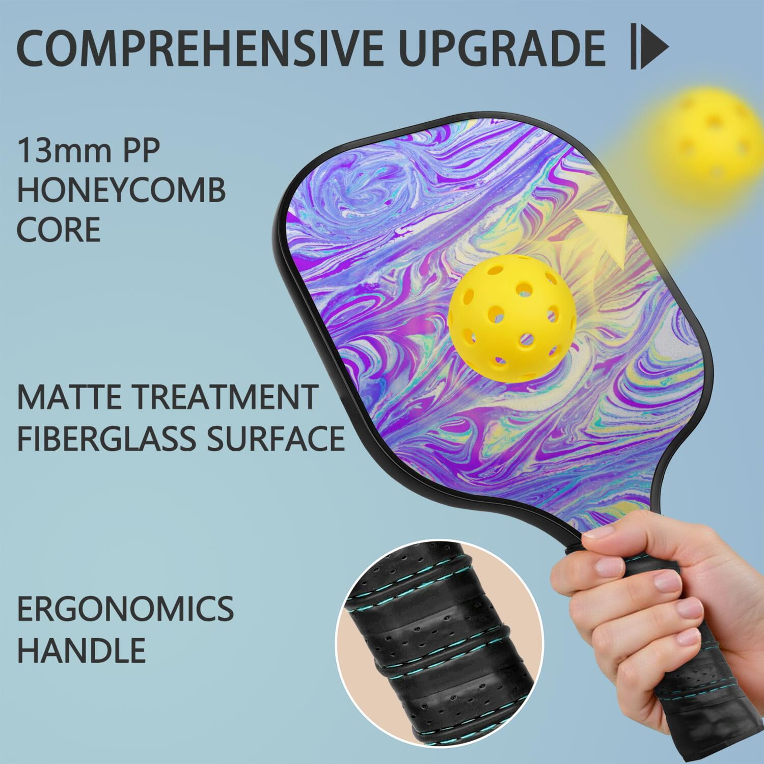 Pickleball Paddles Set Of 2, Fiberglass Surface, Liquid & Marble Print, 4 Balls & Bag