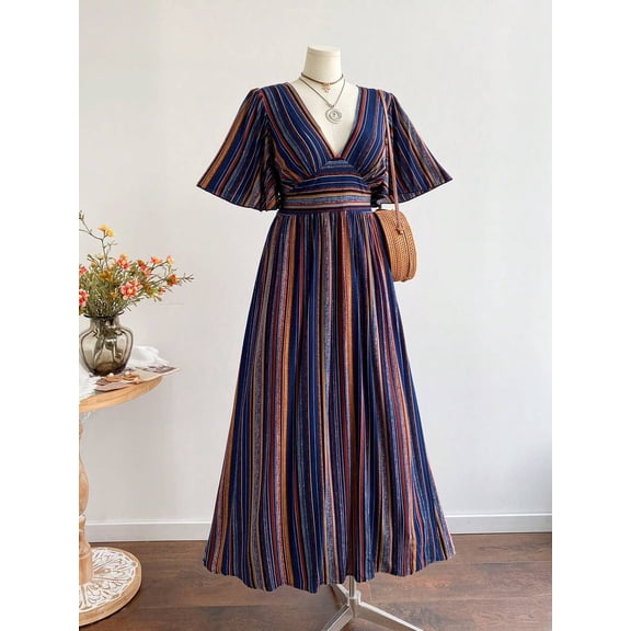 Bohemian Retro Striped V-Neck Tie Waist Maxi Dress for Women - Elegant Holiday Casual Summer Dress