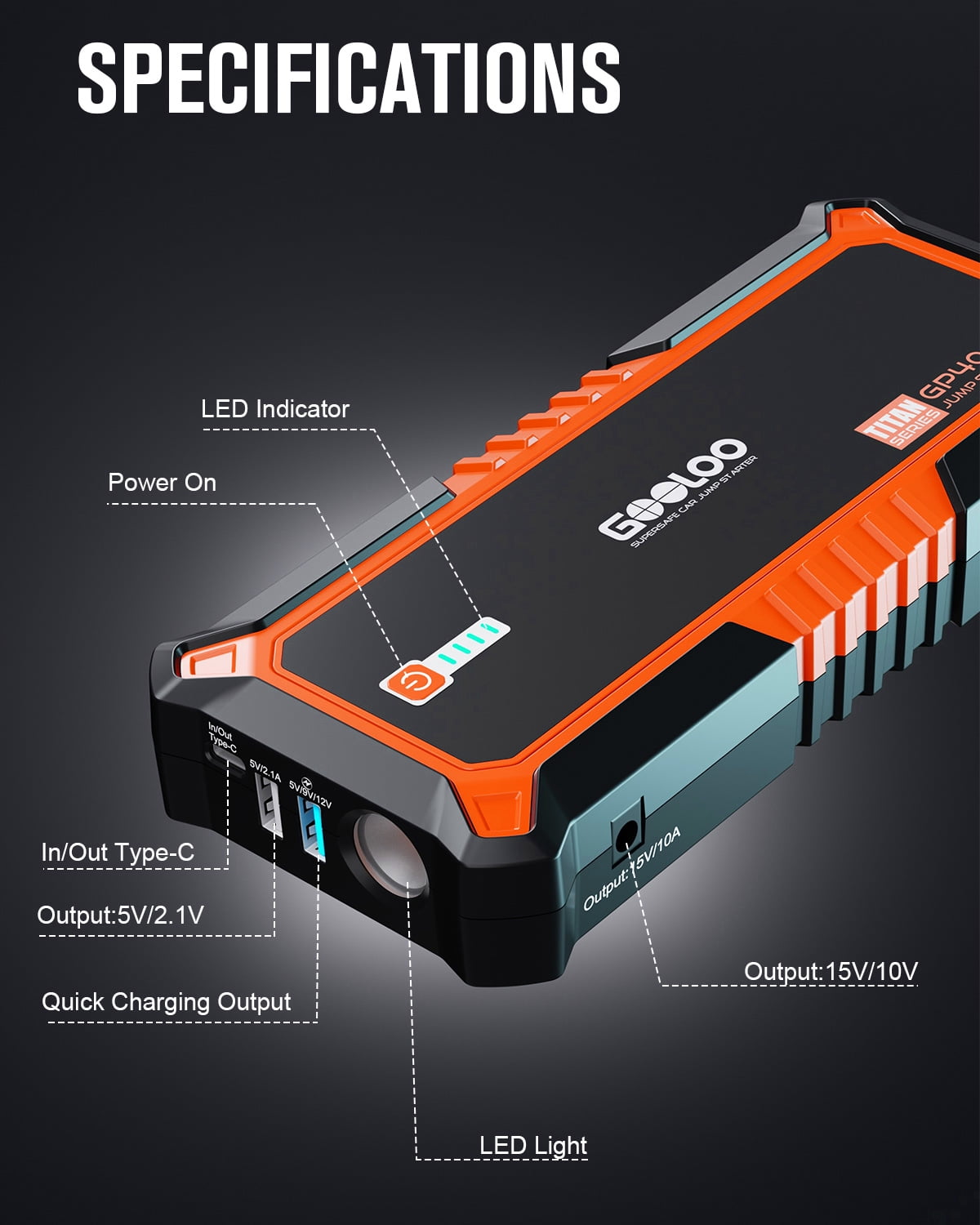 GOOLOO GP4000 4000A Peak Car Jump Starter, 12V Portable Battery Booster for All Gas & 10.0L Diesel Engines, USB-C Fast Charge Power Bank, SuperSafe Protection, Emergency Starter Pack