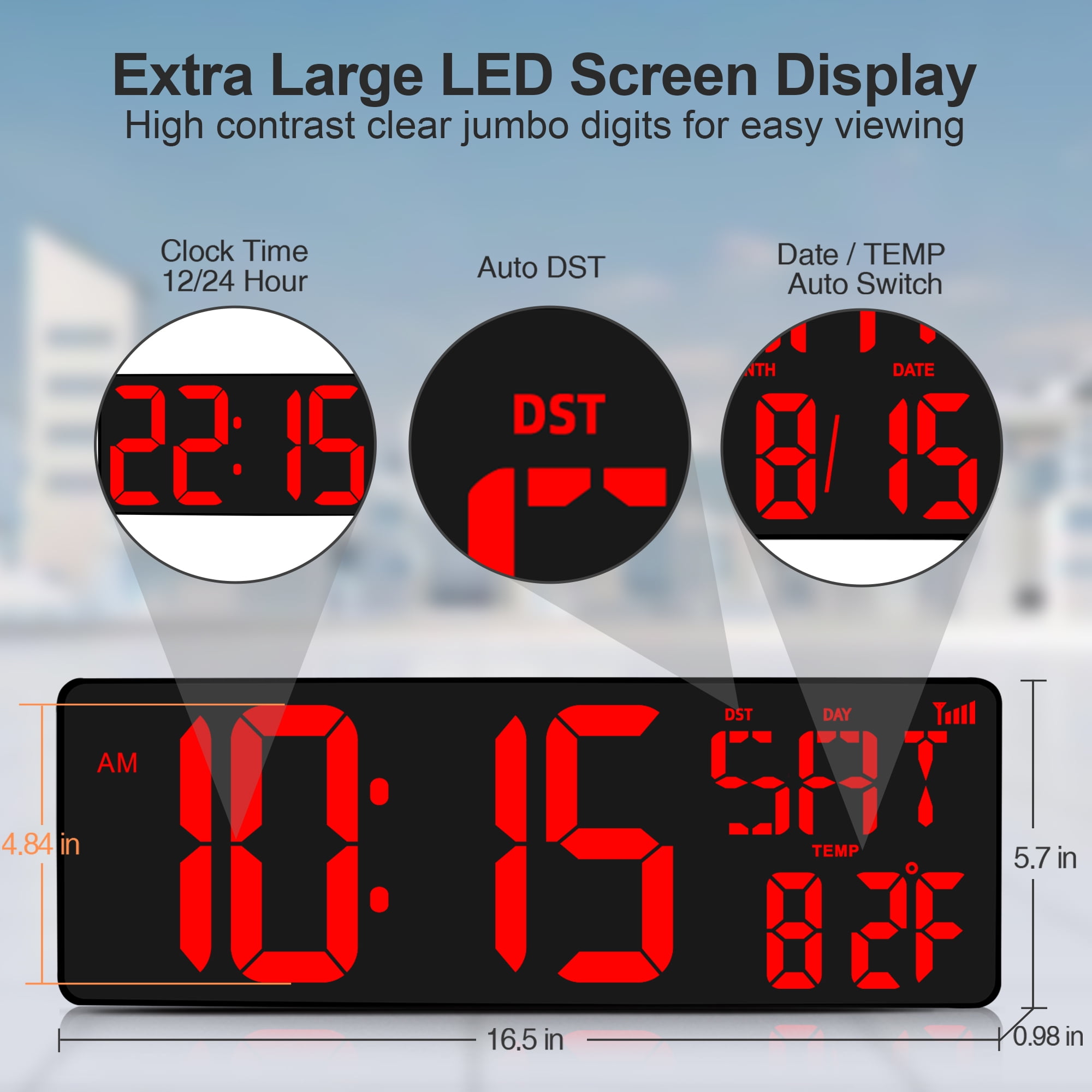 XREXS Large Digital Wall Clock with Bluetooth, 16.5 in Large Display Wall Clock with Temperature/Date/Week