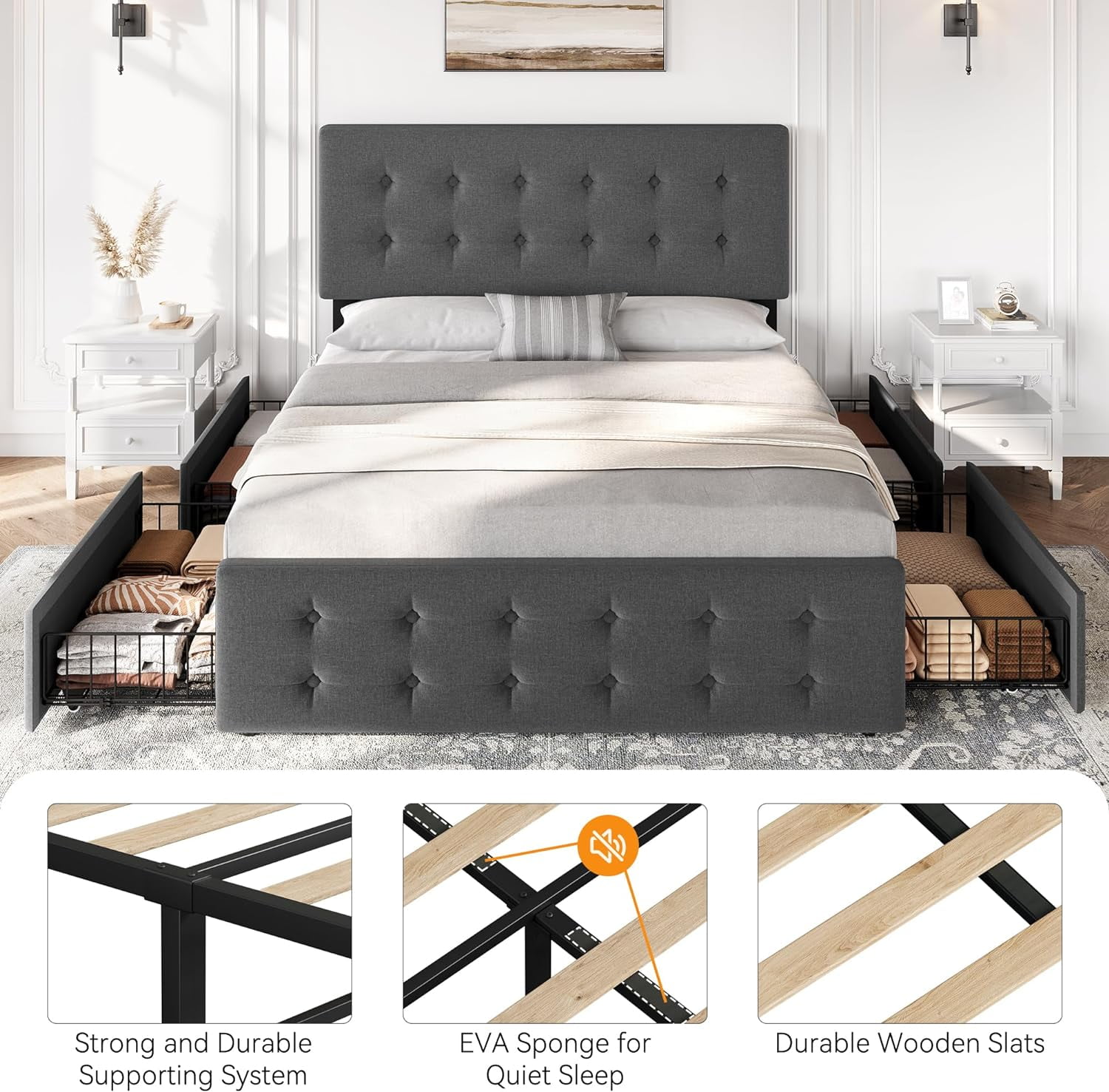 Memoryfield Full Size Bed Frame with 4 Storage Drawers and Headboard, Linen Upholstered Platform Bed Frame with Wooden Slats Support, No Box Spring Needed, Dark Gray