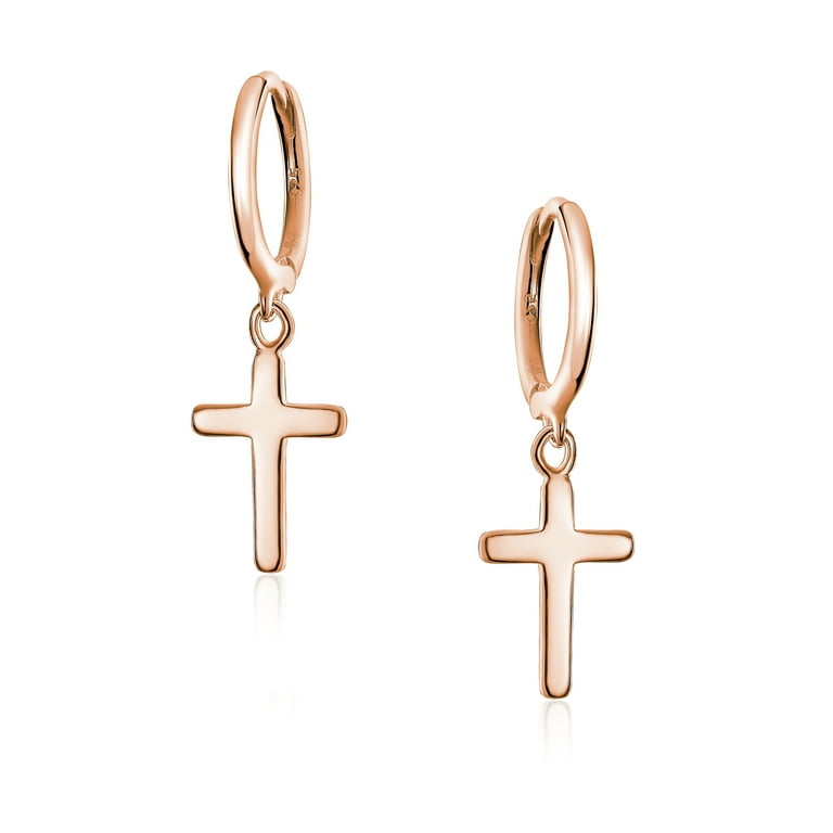 Rose Gold-plated Sterling Silver Huggie Hoop Earrings with Dangle Cross Rose Gold-plated Sterling Silver Huggie Hoop Earrings with Dangle Cross