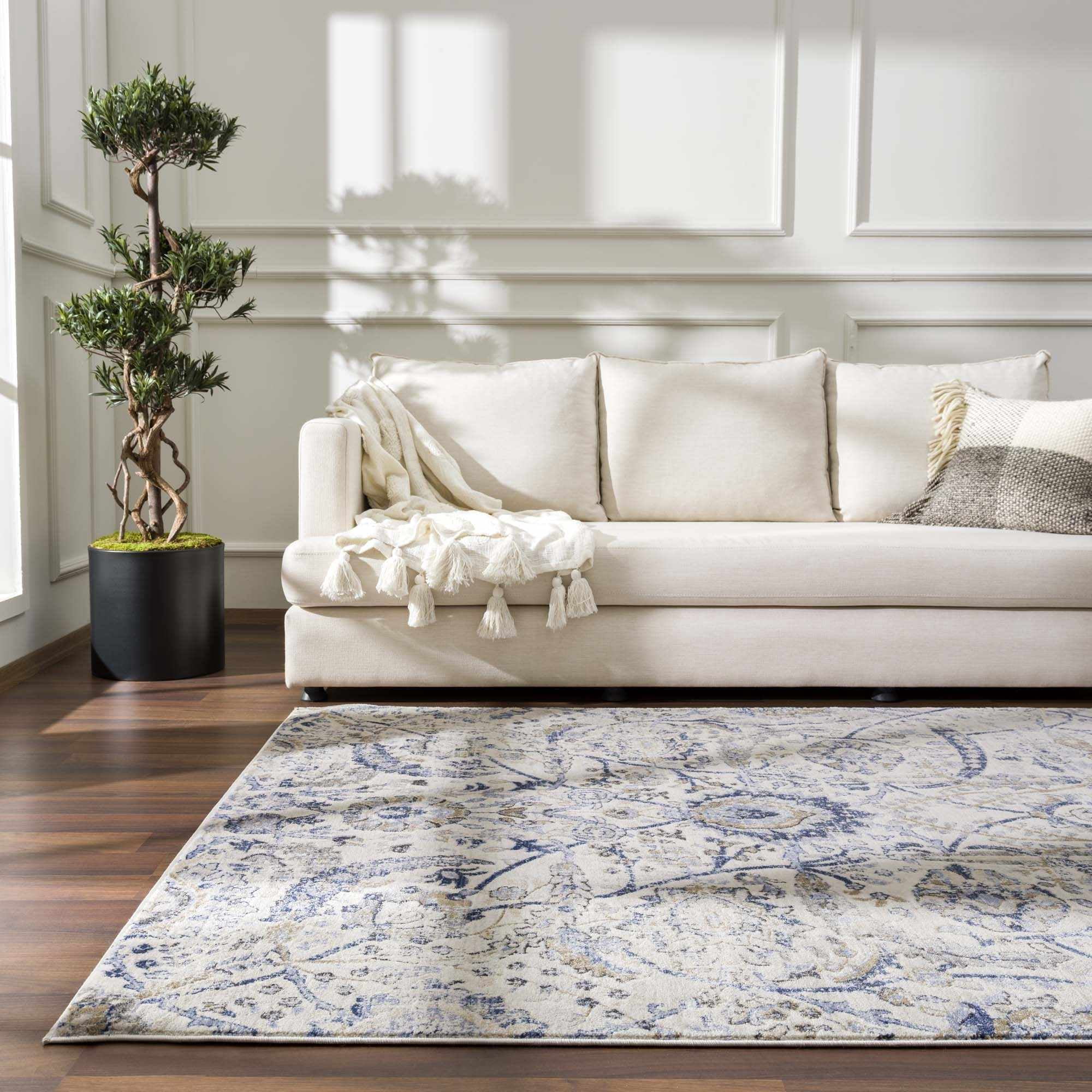 Hauteloom Erbacon Boho Vintage Traditional Damask Area Rug - Farmhouse Traditional Floral Medallion Carpet for Living Room, Bedroom - Grey, Beige, Light Brown, Cream, Navy, Blue - 6'7" x 9' (6x9)