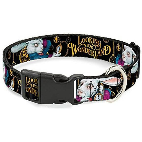 Buckle-Down White Rabbit Poses Looking for Wonderland Clocks Black Gold Disney Breakaway Plastic Clip Collar