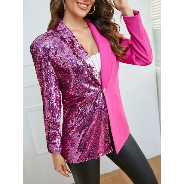 Hot Pink Glamorous Sequins Panel Single Button Blazer XS(2) Y037D ...