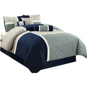 Chezmoi Collection 7-Piece Medallion Patchwork Comforter Set, Queen, Navy/Blue/Gray