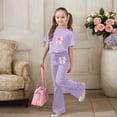 thumbnail image 2 of FINALGANG Girls Outfit Bow Print 2 Piece Casual Set Short Sleeve Crewneck Top Stretch Flared Pants Outfit For Daily Outdoor Street Wear, 2 of 5