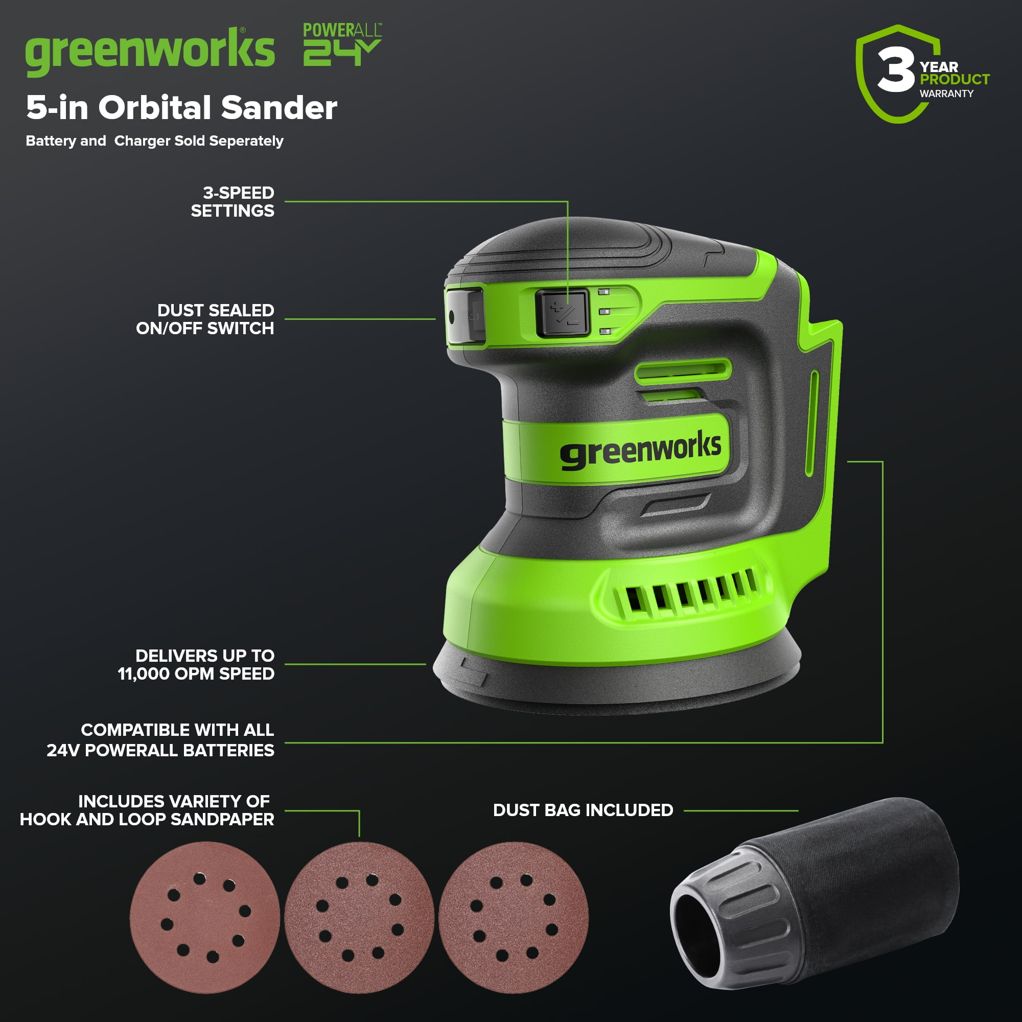Greenworks 24V Orbital Sander Kit, 5" Random Sander Variable Speed, Tool Only