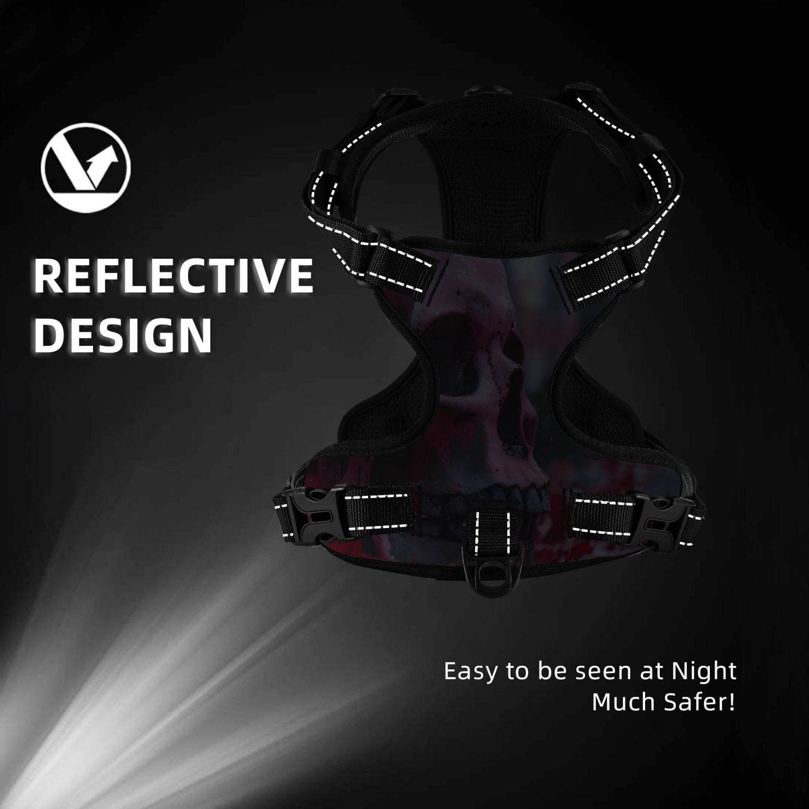 Fuzoiu Gothic Red Skull Cemetery Print Reflective Dog Harness,Adjustable, Breathable Pet Vest,Dog Harness No Pull,No Choke Pet Vest for Small, Medium, and Large Dogs-Medium