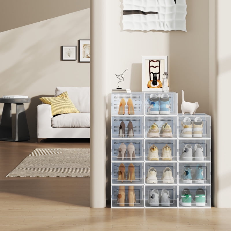 Gianna 12 Pack Stackable Shoe Box , Plastic Storage Organizer for Closet Hallway Bedroom, Holds Shoes up to US Size 9，White
