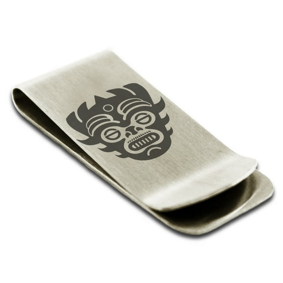 Stainless Steel Aztec Warrior Mask Rune Engraved Money Clip Credit Card Holder