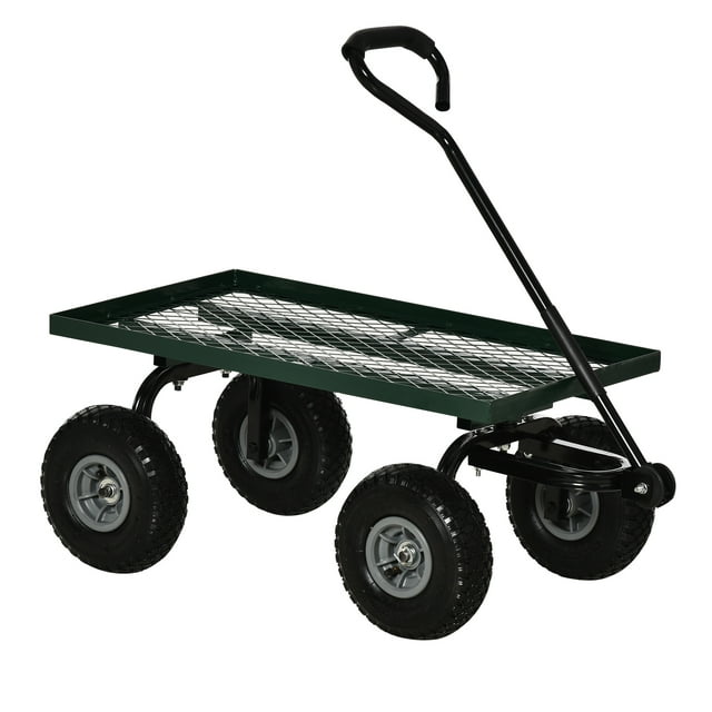 Outsunny Chariot Robuste Garden Wagon d'Une Capacité de 330 Lb, Illustré en Noir. le Chariot Présente un Cadre en Acier Robuste avec un Plateau en Treillis, une Poignée Rembourrée pour une Prise Confortable, et Quatre Pneus Pneumatiques en Caoutchouc pour un Mouvement Fluide sur Divers terrains. les Roues avant Sont Multidirectionnelles pour une Maniabilité Accrue. Idéal pour Transporter de Lourdes Charges Lors de Tâches de Jardinage Ou pour Déplacer des Articles à la Maison Ou au Lieu de Travail.