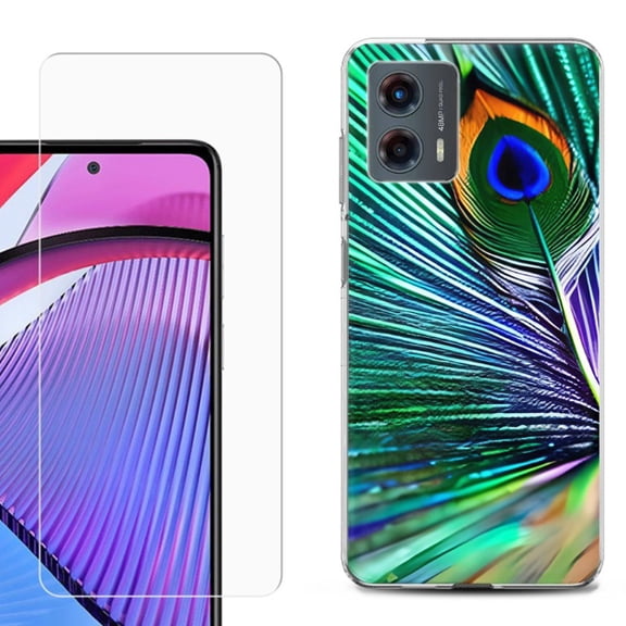 OneToughShield ® Compatible with Motorola Moto G 5G 2023, Shockproof Phone Case, with Tempered Glass Screen Protector - Peacock Feather