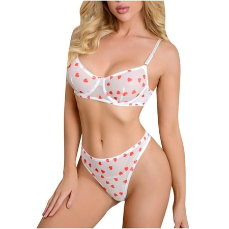 Sports Bras for Women Women Love Heart Print Embroidered Net Yarn Set Elegant Lingerie Underwear Suit Sexy Christmas Lingerie for Women Faja Shapewear for Women on Sales White M