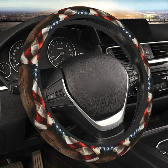 Yiaed Rustic American Flag Wood Steering Wheel Cover,Universal 15 Inch Anti Slip Steering Wheel Protector Car Accessories Interior for Auto Truck SUV