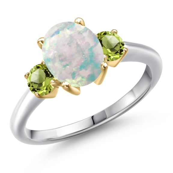 Gem Stone King 10K Two Tone Gold Simulated White Opal and Green Peridot Engagement Ring for Women | 1.60 Cttw | Oval Cabochon 9X7MM | Gemstone October Birthstone | Size 7