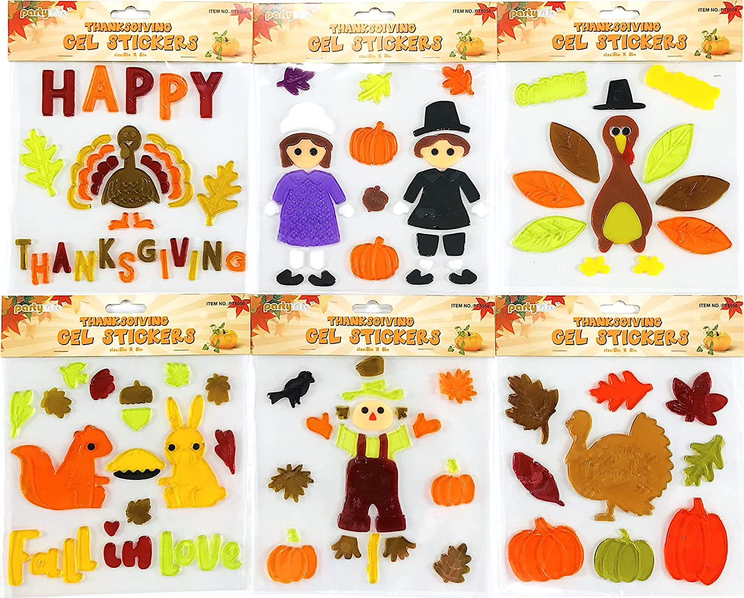 Fall Gel Clings: Thanksgiving Pilgrims Turkeys Leaves Pumpkins Decorations for Home Office Windows Mirrors and More (Assortment 2)