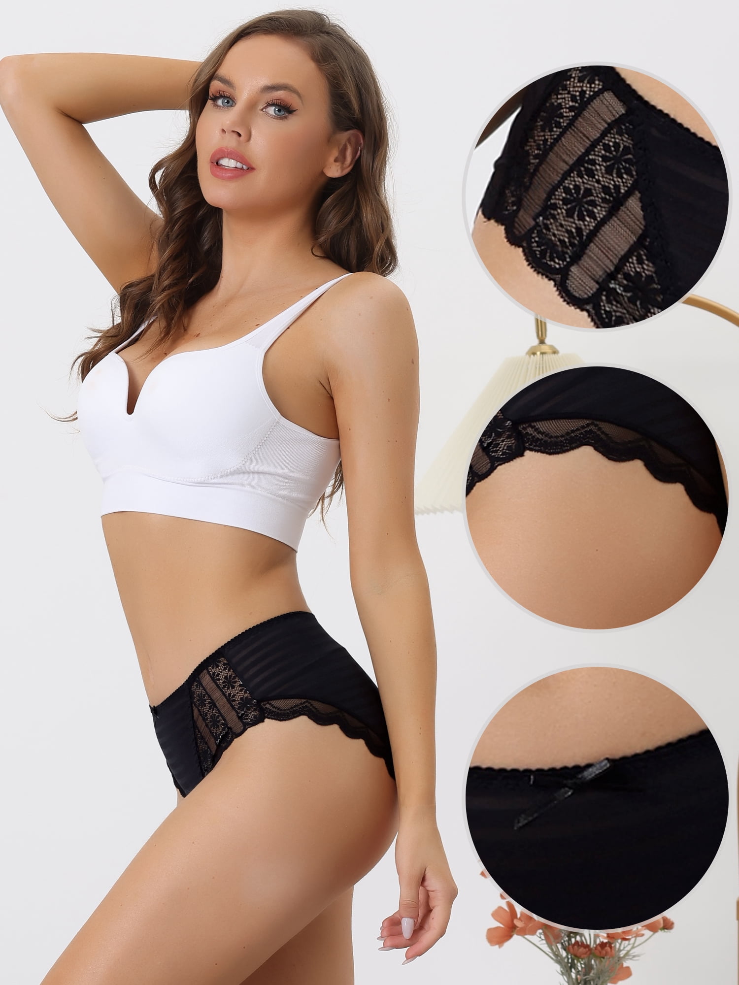 Unique Bargains Women's Lace Full Coverage Stretchy Thin Breathable Striped Knickers L Black