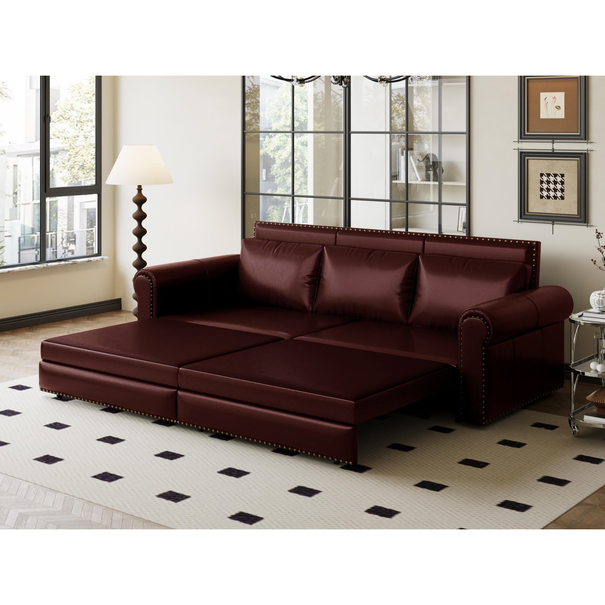 Aukfa 93.7" King Pull Out Sofa Bed, Faux Leather 3-in-1 Convertible Chesterfield Sleeper Sofa Couch with Nailhead Trim & Rolled Arms, Burgundy
