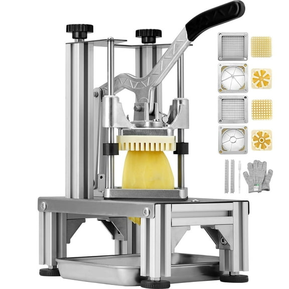 KFFKFF Professional Potato Slicer with 4 Interchangeable Blades, Includes 1/4" & 3/8" Dicing Options, 6-Section Wedge Cutter & Apple Corer, Equipped with Tray and Handle for Easy French Fry Making