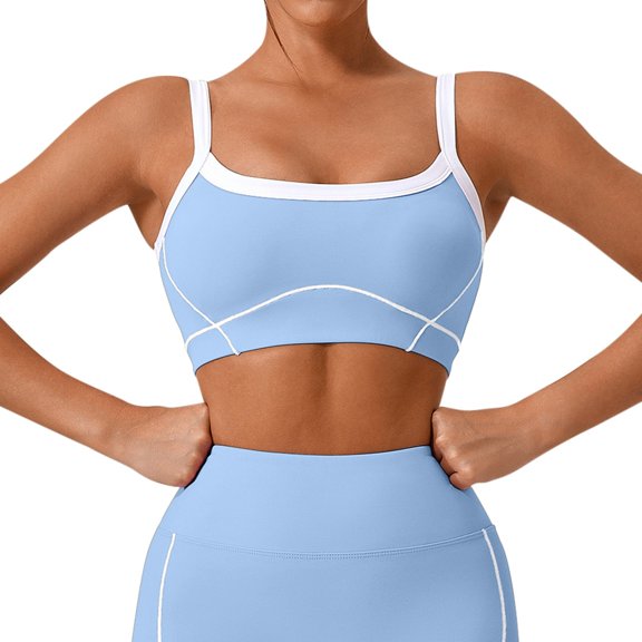 KHONTS Workout Crops Tanks Tops for Women Scoop Neck U Back Sports Bra Padded Yoga Camisole with Built in Pads Sky Blue XL