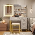 thumbnail image 1 of Bingirl Vanity Desk with Lights and Power Outlets - Makeup Table Charging Station Featuring 3 - Color LED Mirror, 4 Drawers, Storage Shelves, Hair Dryer Holder, and Stool in Marble White, 1 of 7