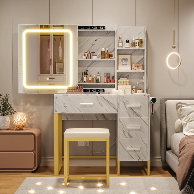 Bingirl Vanity Desk with Lights and Power Outlets - Makeup Table Charging Station Featuring 3 - Color LED Mirror, 4 Drawers, Storage Shelves, Hair Dryer Holder, and Stool in Marble White