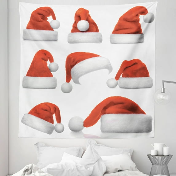 Christmas Tapestry, Classical Santa Claus Hats Xmas New Year Celebration Tradition Party Theme, Fabric Wall Hanging Decor for Bedroom Living Room Dorm, 5 Sizes, Red and White, by Ambesonne