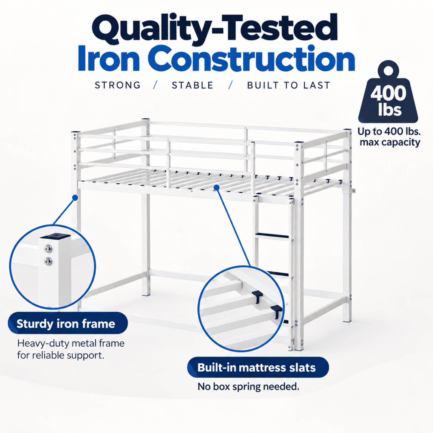 Miniyam Twin Over Twin Metal Bunk Bed with Full-Length Guardrails and Built-In Ladder, White