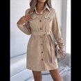 thumbnail image 4 of Vestido Camisero Mini de Larga Plisado con Cuello en V y Botones para Mujer con Cinturón Caqui XL, 4 of 10