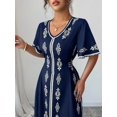 thumbnail image 6 of Navy Blue V-Neck Embroidered A-Line Maxi Dress With Short Sleeves And Self-Tie Waist, 6 of 6