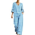thumbnail image 2 of Mifsaly Lounge Wear for Women 2 Piece Set Plaid V Neck Bell Sleeve Top and Relaxed Wide Leg Pants Comfortable Everyday Casual Matching Outfits with Pockets Sky Blue,L, 2 of 7