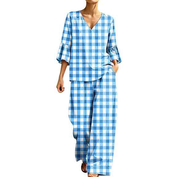 Enjoytime Plaid Two Piece Sets for Women V Neck Ruffle 3/4 Sleeve Shorts Matching Set Summer Casual Travel Vacation Outfits