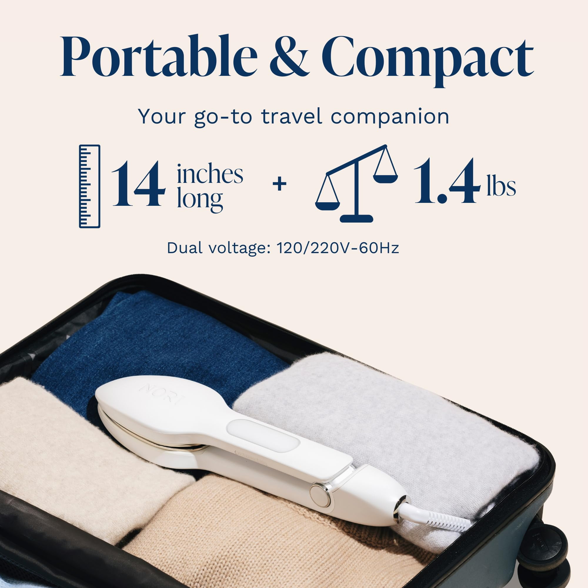 Nori Press Travel Steam Iron - Handheld Iron With Optional Steam Feature - No Ironing Board Required - Easy to Use w/ 6 Fabric Settings - Removes Wrinkles - Mothers Day Gifts for Mom - White