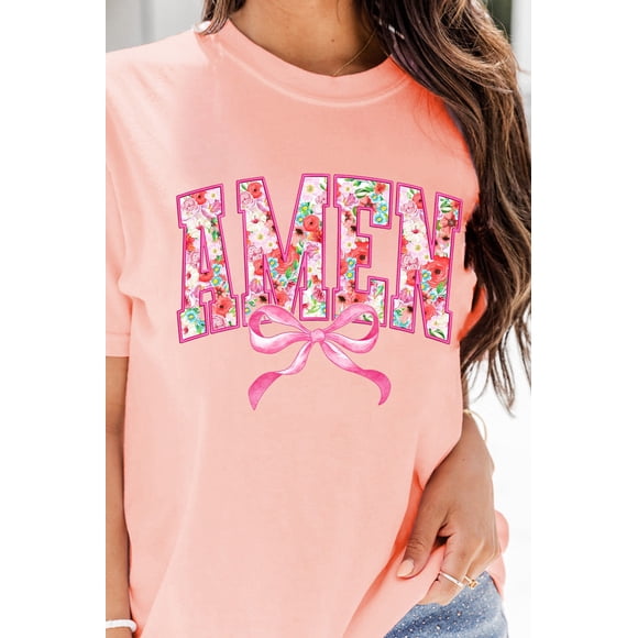 I AM A FASHION JUNKY Pink Floral AMEN Bow Graphic Crewneck T Shirt